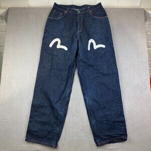 Evisu Mens Pants 36 Blue Denim Jeans Taper Wide Leg Baggy Seagull Print Pockets